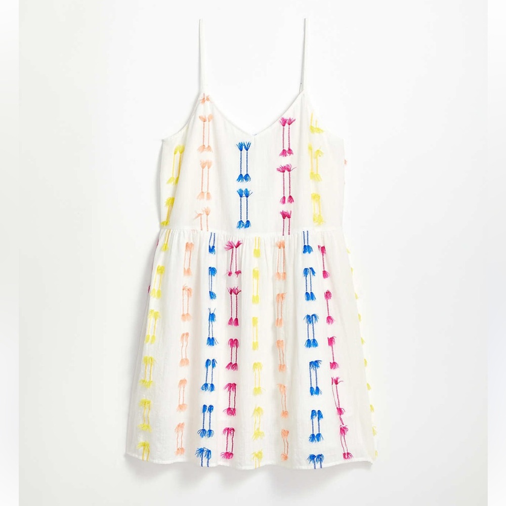 Lou & Grey LOFT Fringe Cami Dress XS White Colorful Tassel Embroidered Summer
